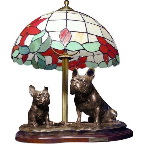 Französische Bulldogge - Lampe mit einem Lampenschirm aus Tiffanyglas, Tischlampe mit einer Hunde-Statuette, Inneneinrichtung im Retro-Stil der Marke Art-Dog