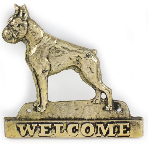 Boxer, Deutscher Boxer - Türschild mit Hund, messingfarbenes Willkommensschild, einzigartiges Schild mit der Aufschrift Welcome von der Marke Art-Dog