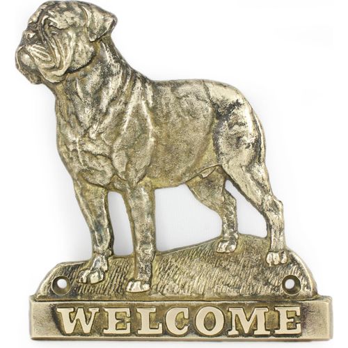 Bordeauxdogge, Dogue de Bordeaux - Türschild mit Hund, messingfarbenes Willkommensschild, einzigartiges Schild mit der Aufschrift Welcome von der Marke Art-Dog