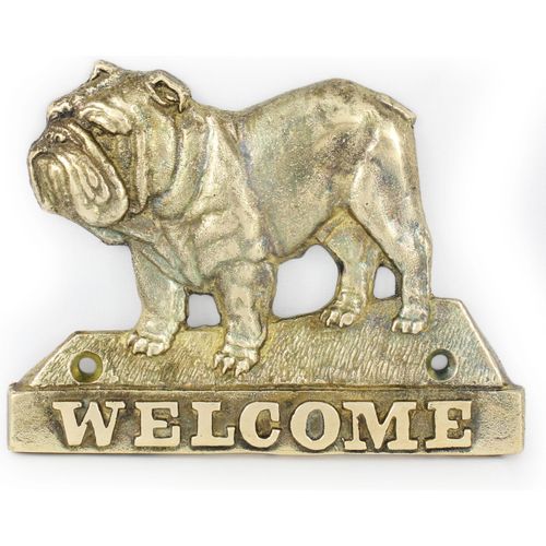 Bulldogge - Türschild mit Hund, messingfarbenes Willkommensschild, einzigartiges Schild mit der Aufschrift Welcome von der Marke Art-Dog