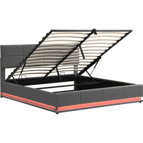 Polsterbett 180x200cm Doppelbett (ohne Matratze) Jugendbett Mit LED Beleuchtung Hydraulisch anhebbarer Bettstauraum Erwachsenen Kunstleder Grau