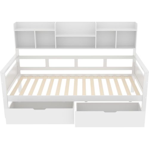 Schlafsofa 90x200cm Kinderbett (Ohne Matratze) Weiß Jugendbett Einzelbett Massivholzbett Multifunktionsbett Mit Schubladen und Regale Lattenrost