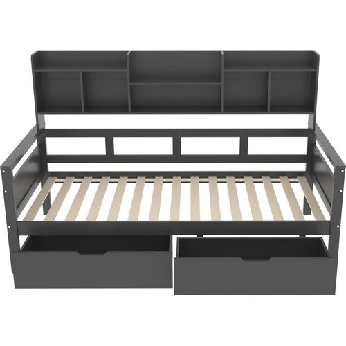 Schlafsofa 90x200cm Kinderbett (Ohne Matratze) Grau Jugendbett Einzelbett Massivholzbett Multifunktionsbett Mit Schubladen und Regale Lattenrost