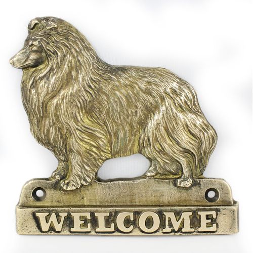 Sheltie - Türschild mit Hund, messingfarbenes Willkommensschild, einzigartiges Schild mit der Aufschrift Welcome von der Marke Art-Dog