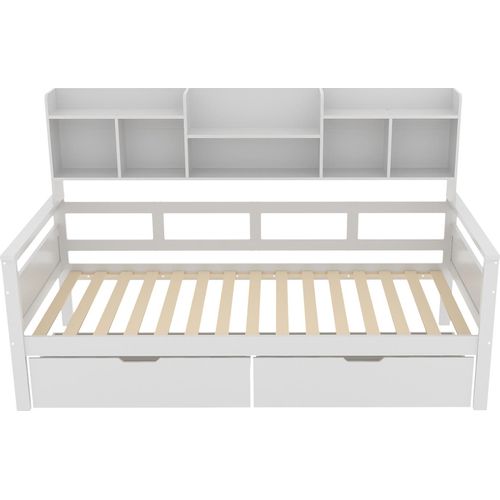 Schlafsofa 90x200cm Kinderbett (Ohne Matratze) Weiß Jugendbett Einzelbett Massivholzbett Multifunktionsbett Mit Schubladen und Regale Lattenrost