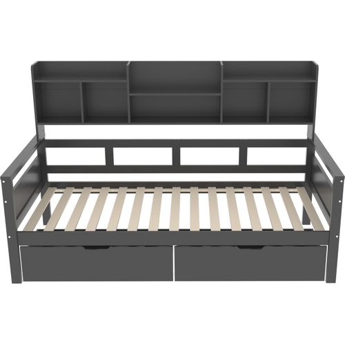 Schlafsofa 90x200cm Kinderbett (Ohne Matratze) Grau Jugendbett Einzelbett Massivholzbett Multifunktionsbett Mit Schubladen und Regale Lattenrost