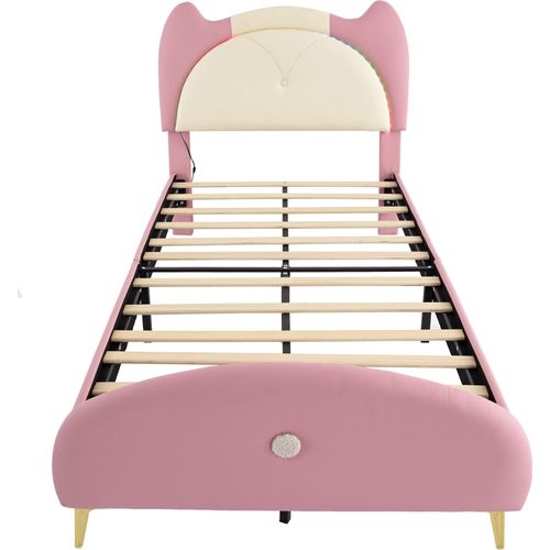 Polsterbett 90x200cm Einzelbett (Ohne Matratze) Kinderbett Massivholzbett Eisenrohrrahmen Mit LED-Streifen Rosa und Beige Kunstledermaterial