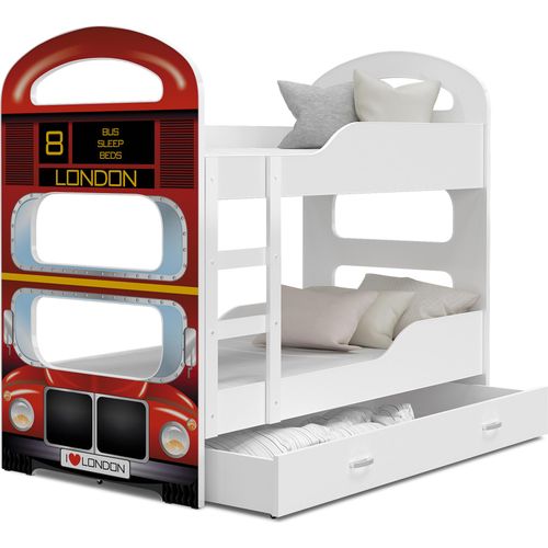 Hochbett, Kinderbett , Etagenbett DO-BUS , 190x80 cm , mit Matratze. Farbe Weiß mit Bus London Motiv