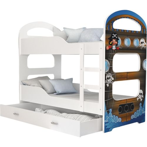 Hochbett, Kinderbett , Etagenbett DO , 190x80 cm , mit Matratze. Farbe Weiß mit Piraten Motiv