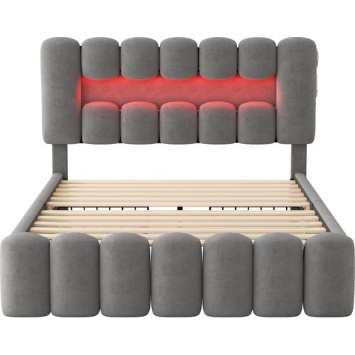 Polsterbett 140x200cm Doppelbett (ohne Matratze) Jugendbett Erwachsenenbett Mit 4 Schubladen Mit LED-Lichtleiste USB und Stereoanlage Grau Samt
