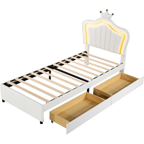 Kinderbett 90x200 cm Polsterbett (Ohne Matratze) Einzelbett Mit Stauraumschubladen und LED-Leuchten Mit Lattenrost und Rückenlehn Weiß Kunstleder