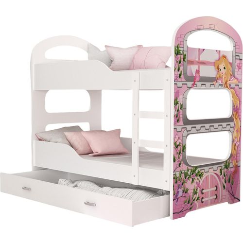 Hochbett, Kinderbett , Etagenbett DO-Prinzessin , 190x80 cm , mit Matratze. Farbe Weiß mit Prinzessin Motiv