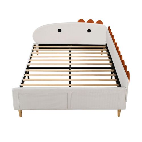 Kinderbett 140x200cm Polsterbett (Ohne Matratze) Schlafsofa Jugendbett Doppelbett Mit Ablagefächern Multifunktionales Dinosaurierform Samtstoff Beige