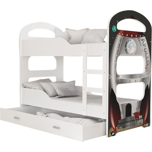 Hochbett, Kinderbett , Etagenbett DO-R , 190x80 cm , mit Matratze. Farbe Weiß mit Rakete Motiv