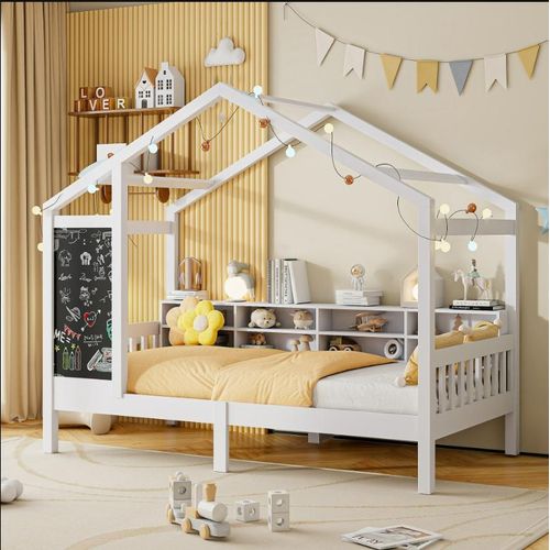 CDGlobal Kinderbett 90x200cm mit Rausfallschutz und Lattenrost, Hausbett mit Tafel und Dach, Kieferholzbett Einzelbett Jugendbett, Weiß