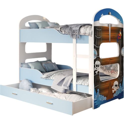 Hochbett, Kinderbett , Etagenbett DO-P , 190x80 cm , mit Matratze. Farbe Blau mit Piraten Motiv