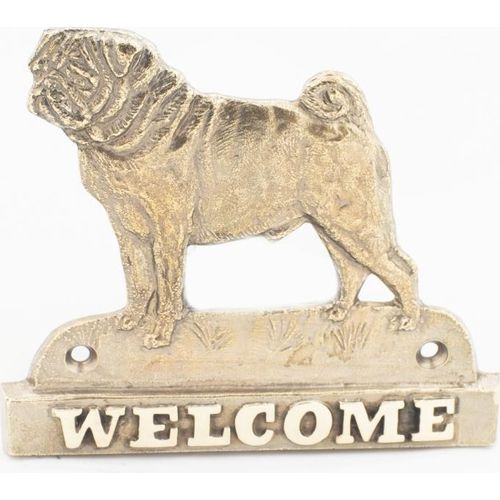 Mops, Pug, Carlin, Carlino, Doguillo - Türschild mit Hund, messingfarbenes Willkommensschild, einzigartiges Schild mit der Aufschrift Welcome von der Marke Art-Dog