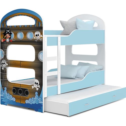 Hochbett, Kinderbett , Etagenbett D-3 , 190x80. Auch für 3 Kinder geeignet . Mit Matratze , Farbe Blau mit Piraten Motiv