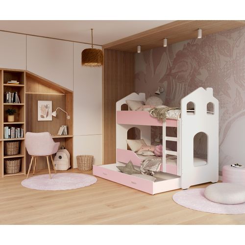 Hochbett, Kinderbett , Etagenbett DO-DO , 160x80 cm , mit Matratze , Farbe Weiß/Rosa