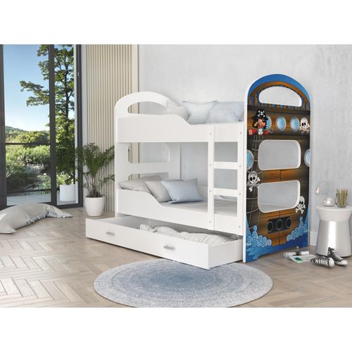 Hochbett, Kinderbett , Etagenbett DOMI , 160x80 cm , mit Matratze , Farbe Weiß mit Piraten Motiv