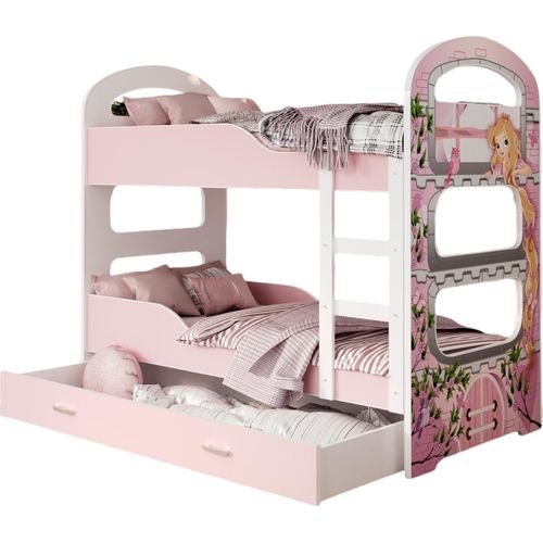 Hochbett, Kinderbett , Etagenbett DO-Prinzessin , 190x80 cm , mit Matratze. Farbe Rosa mit Prinzessin Motiv