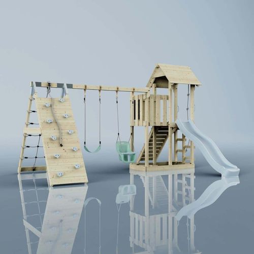 OutdoorToys Spielturm Roskilde aus Holz in Blau Babyschaukel