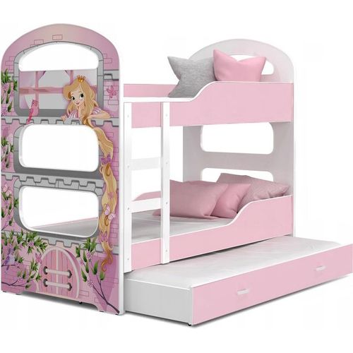 Hochbett, Kinderbett , Etagenbett D-3 Prinzessin , 190x80. Auch für 3 Kinder geeignet . Mit Matratze , Farbe Rosa mit Prinzessin Motiv