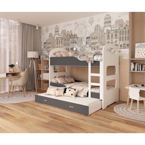 Hochbett, Kinderbett , Etagenbett DOMI-3 , 190x80. Auch für 3 Kinder geeignet . Mit Matratze , Farbe Weiß/Grau