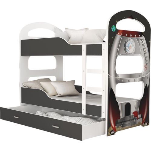 Hochbett, Kinderbett , Etagenbett DO-GR , 190x80 cm , mit Matratze. Farbe Grau mit Rakete Motiv