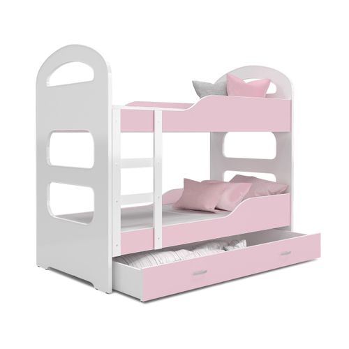 Hochbett, Kinderbett , Etagenbett DOMI , 190x80 cm , mit Matratze , Farbe Weiß/Rosa