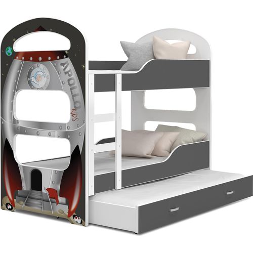 Hochbett, Kinderbett , Etagenbett D-3 , 190x80. Auch für 3 Kinder geeignet . Mit Matratze , Farbe Grau mit Rakete Motiv