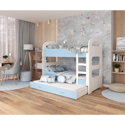 Hochbett, Kinderbett , Etagenbett DOMI-3 , 190x80. Auch für 3 Kinder geeignet . Mit Matratze , Farbe Weiß/Blau