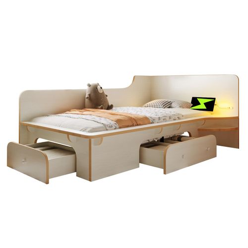 Kinderbett mit Leselicht,USB,Type C und 3 Schubladen, Bettgestell für Erwachsene, Kinder und Jugendliche,rutschfestes Design,90 x 200cmweiß