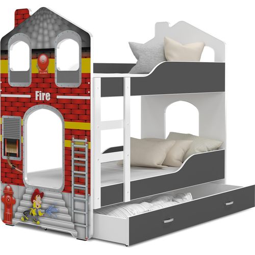 Hochbett, Kinderbett , Etagenbett DO-DO- Grau mit Feuerwehr Motiv , 160x80 cm , mit Matratze