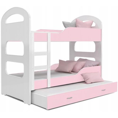 Hochbett, Kinderbett , Etagenbett DOMI-3 , 190x80. Auch für 3 Kinder geeignet . Mit Matratze , Farbe Weiß/Rosa