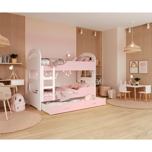 Hochbett, Kinderbett , Etagenbett DOMI , 160x80 cm , mit Matratze , Farbe Weiß/Rosa