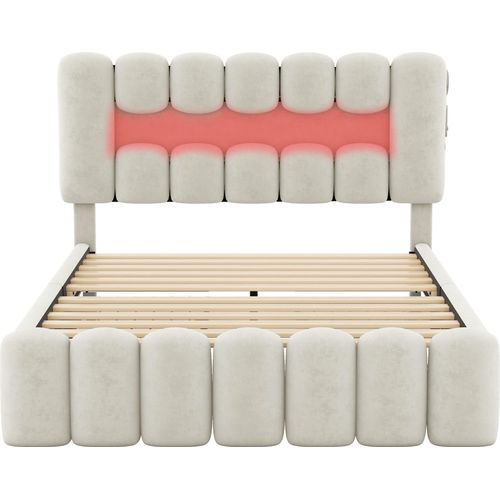 Polsterbett 140x200cm Doppelbett (ohne Matratze) Samt Beige Jugendbett Erwachsenenbett Mit 4 Schubladen Mit LED-Lichtleiste USB und Stereoanlage