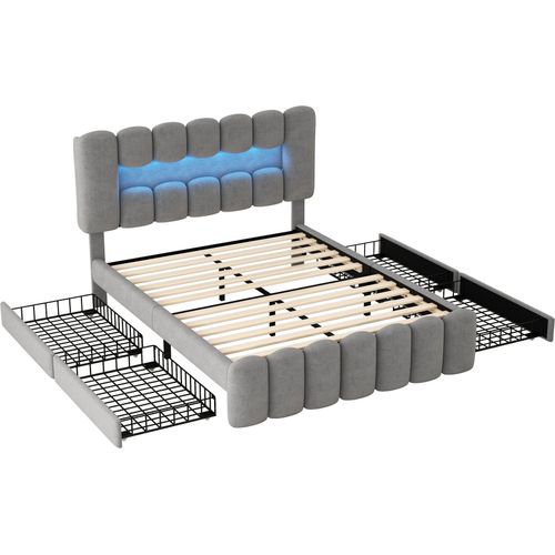 Polsterbett 140x200cm Doppelbett (ohne Matratze) Samt Grau Jugendbett Erwachsenenbett Mit 4 Schubladen Mit LED-Lichtleiste USB und Stereoanlage