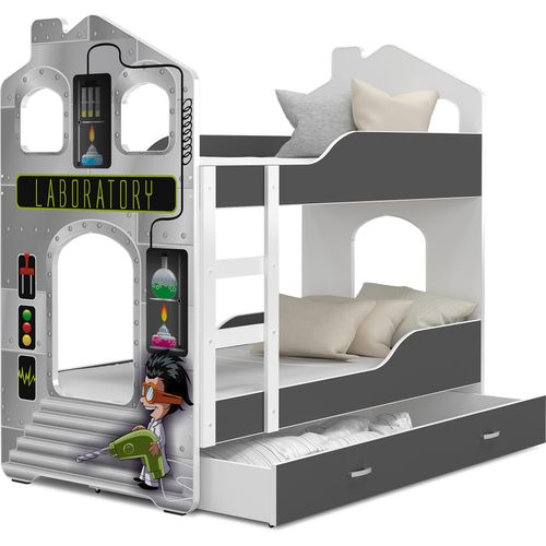 Hochbett, Kinderbett , Etagenbett DO-DO- Grau mit Laboratory Motiv , 160x80 cm , mit Matratze