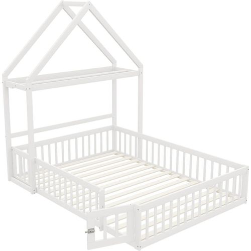 Kinderbett(Weiss,140 x 200)Kinderbettgestell aus Massivholz mit Stauraum, Vollschutzgitter und Türen und Lattenrost
