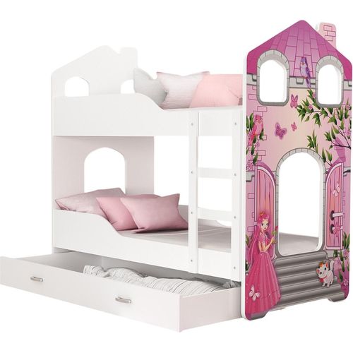 Hochbett, Kinderbett , Etagenbett DO-DO- Weiß mit Prinzessin Motiv , 190x80 cm , mit Matratze