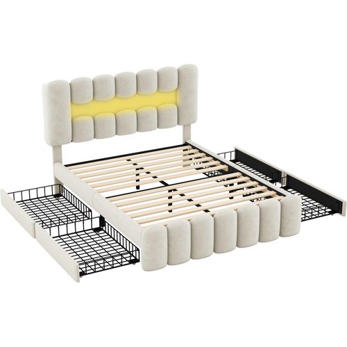 Polsterbett 140x200cm Doppelbett (ohne Matratze) Beige Samt Jugendbett Erwachsenenbett Mit 4 Schubladen Mit LED-Lichtleiste USB und Stereoanlage
