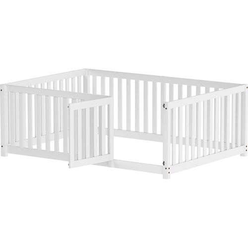 Kinderbett 140x200cm Bodenbett (Ohne Matratze) Holzbett Doppelbett Massivholzbett Weiß Mit Sicherheitszaun und Tür