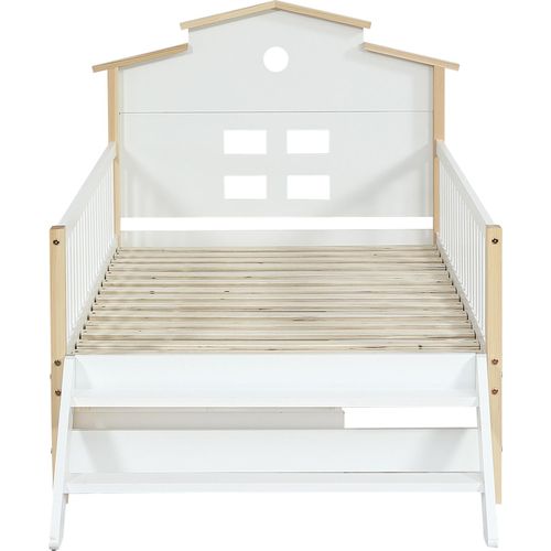 Kinderbett 90x200cm Flachbett (Ohne Matratze) Kiefer Weiß und Natur Hausbett Jugendbett Massivholzbett Mit Fallschutz und Gitter Mit Seitenleiter