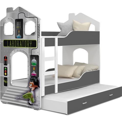 Hochbett, Kinderbett , Etagenbett D-3 , 190x80. Auch für 3 Kinder geeignet . Mit Matratze , Farbe Grau mit Laboratory Motiv