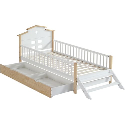 Kinderbett 90x200cm Flachbett (Ohne Matratze) Weiß und Natur Kiefer Hausbett Jugendbett Massivholzbett Mit Fallschutz und Gitter Mit Seitenleiter