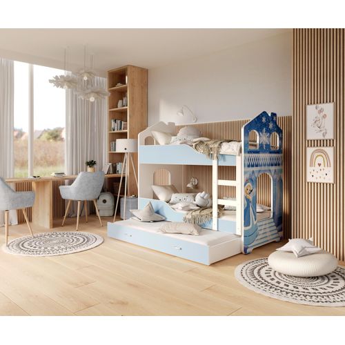 Hochbett, Kinderbett , Etagenbett D-3, 190x80. Auch für 3 Kinder geeignet . Mit Matratze , Farbe Blau mit 05 E Motiv