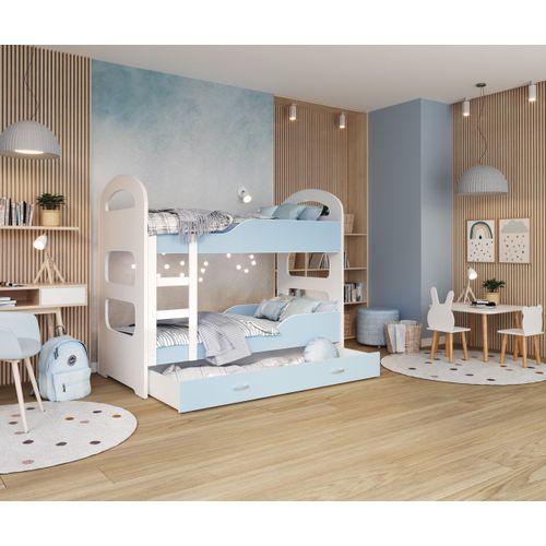 Hochbett, Kinderbett , Etagenbett DOMI , 160x80 cm , mit Matratze , Farbe Weiß/Blau