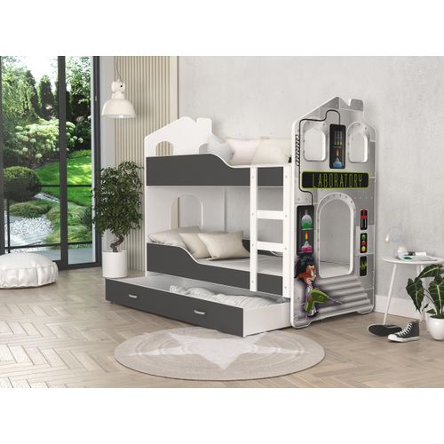Hochbett, Kinderbett , Etagenbett DO-DO- Grau mit Laboratory Motiv , 190x80 cm , mit Matratze