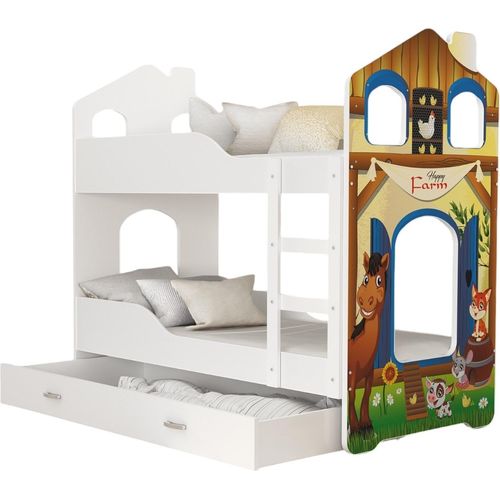Hochbett, Kinderbett , Etagenbett DO-DO- Weiß mit Happy Farm Motiv , 190x80 cm , mit Matratze